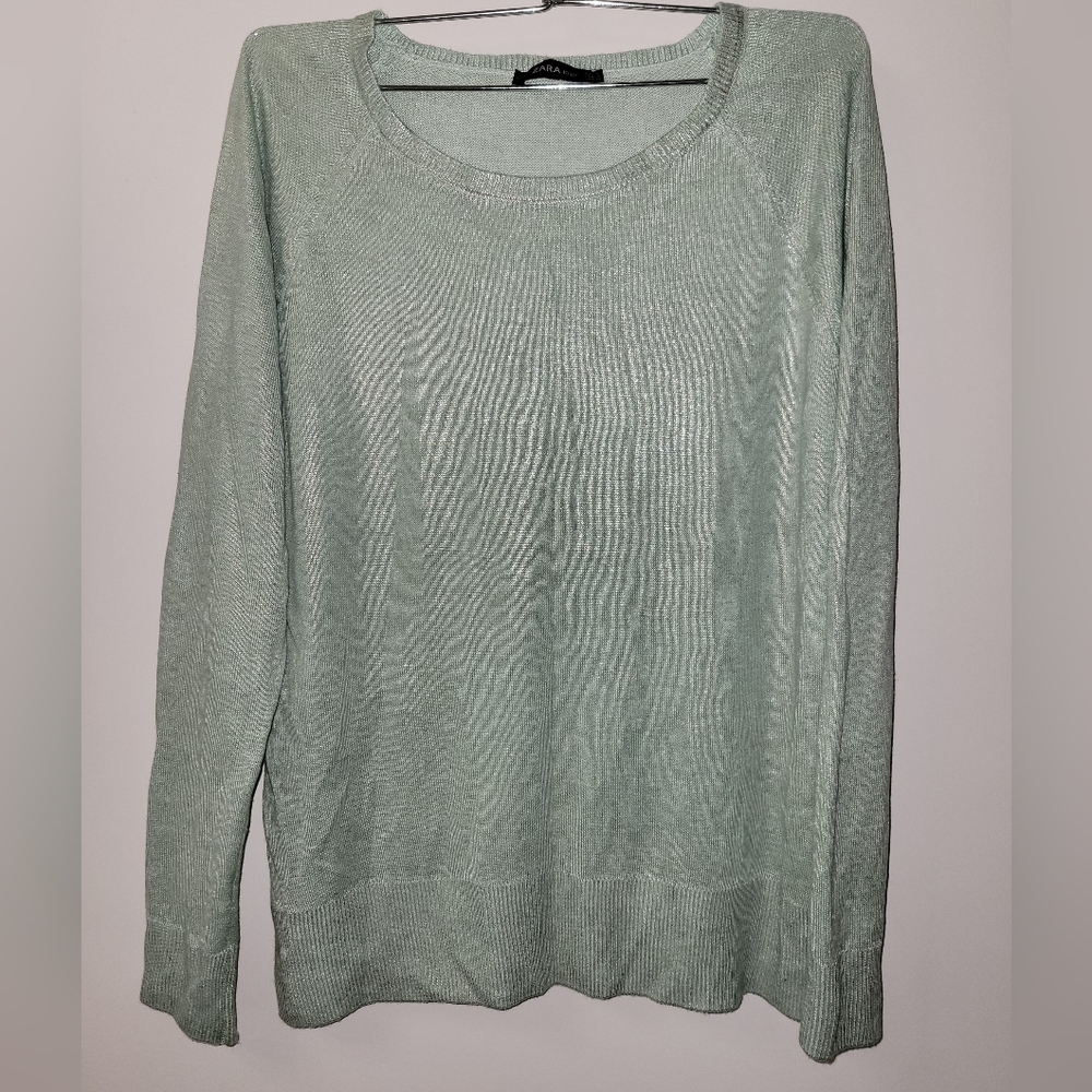 Zara Knit Green Shimmer Long Sleeve Crew Neck Blouse Sweater Top Sz. S